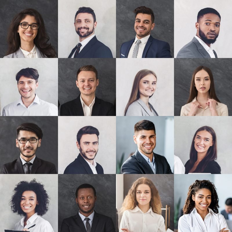 Collection Of Multiethnic Business People Portraits Collage. Human Headshots In A Row. Happy Successful Millennials Females And Males Entrepreneurs Posing Smiling To Camera On Gray Backgrounds. Square