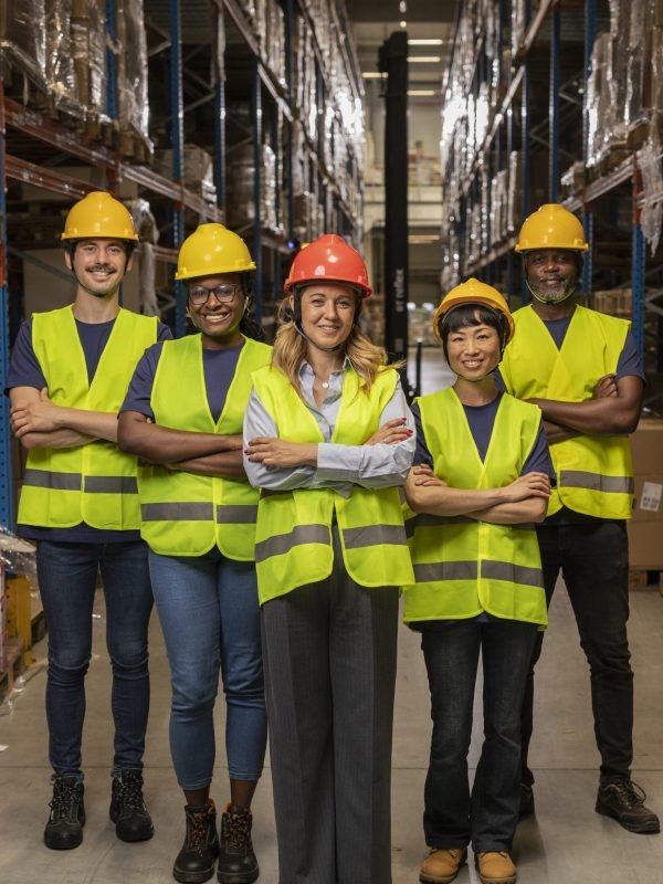 A group of five diverse workers wearing hard hats and safety vests in a warehouse, standing confidently.